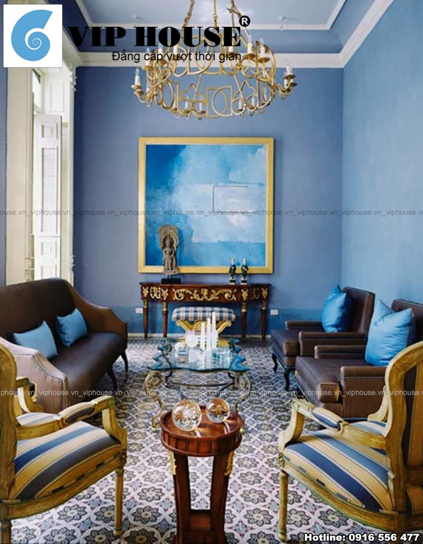 Thiết kế phòng khách dịu êm với màu xanh navy